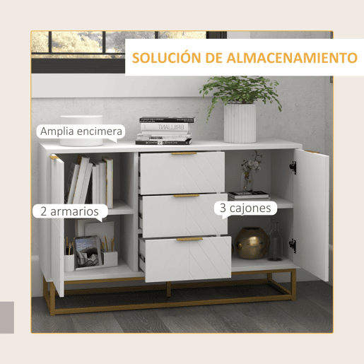 HOMCOM Aparador Auxiliar Armário de Armazenamento com 3 Gavetas e 2 Armários com Porta Prateleira Ajustável para Sala de Estar Cozinha 120x40x76 cm Branco