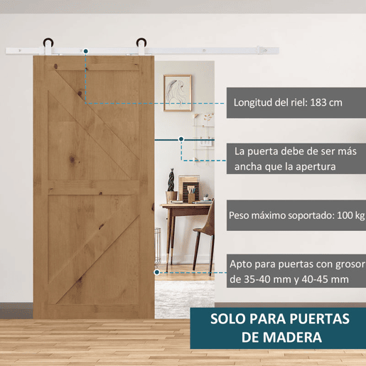 HOMCOM 67T183cm Ferragens para Porta Corredeira Kit de Acessórios para Porta Corredeira de Madeira com Guia de Chão Trilho de Aço de Carbono Branco