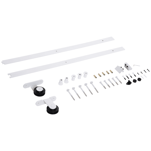 HOMCOM 67T183cm Ferragens para Porta Corredeira Kit de Acessórios para Porta Corredeira de Madeira com Guia de Chão Trilho de Aço de Carbono Branco