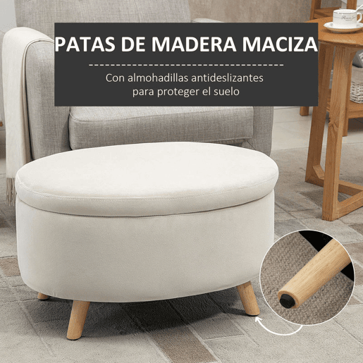 HOMCOM Otomano Puff Estofado em Veludo Acolchoado Banco de Armazenamento com Tampa Removível e Pés de Madeira para Dormitórios Sala de Estar Corredor 71x51,5x42 Bege