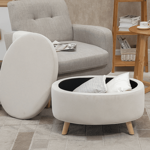 HOMCOM Otomano Puff Estofado em Veludo Acolchoado Banco de Armazenamento com Tampa Removível e Pés de Madeira para Dormitórios Sala de Estar Corredor 71x51,5x42 Bege
