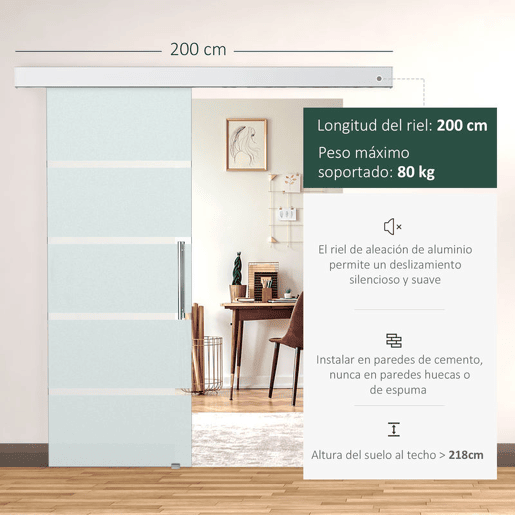HOMCOM Porta de Correr de Vidro 77,5x205 cm Porta de Correr de Vidro com Trilho Translúcida
