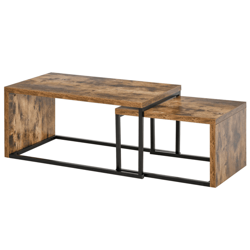 HOMCOM Conjunto de 2 Mesas de Centro Mesinhas de Café com Pés de Metal Estilo Industrial para Sala de Estar Sala de Jantar 90x48x42cm e 59x42x36cm Marrom Rústico