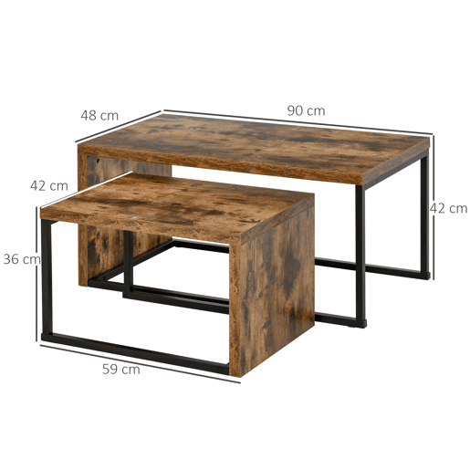 HOMCOM Conjunto de 2 Mesas de Centro Mesinhas de Café com Pés de Metal Estilo Industrial para Sala de Estar Sala de Jantar 90x48x42cm e 59x42x36cm Marrom Rústico