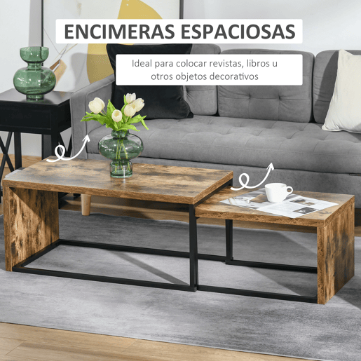 HOMCOM Conjunto de 2 Mesas de Centro Mesinhas de Café com Pés de Metal Estilo Industrial para Sala de Estar Sala de Jantar 90x48x42cm e 59x42x36cm Marrom Rústico