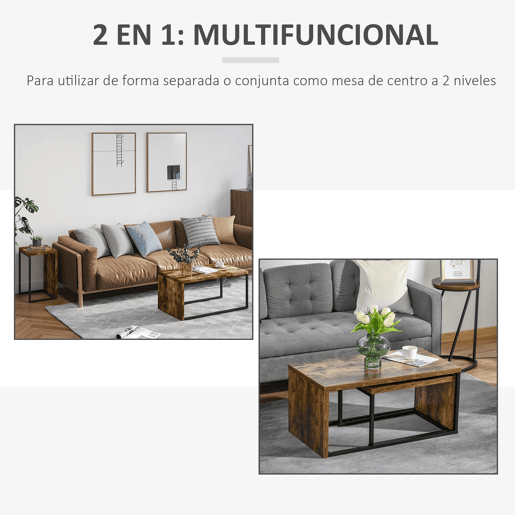 HOMCOM Conjunto de 2 Mesas de Centro Mesinhas de Café com Pés de Metal Estilo Industrial para Sala de Estar Sala de Jantar 90x48x42cm e 59x42x36cm Marrom Rústico