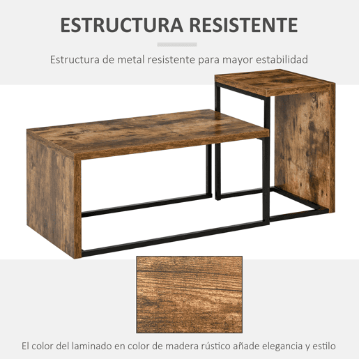 HOMCOM Conjunto de 2 Mesas de Centro Mesinhas de Café com Pés de Metal Estilo Industrial para Sala de Estar Sala de Jantar 90x48x42cm e 59x42x36cm Marrom Rústico