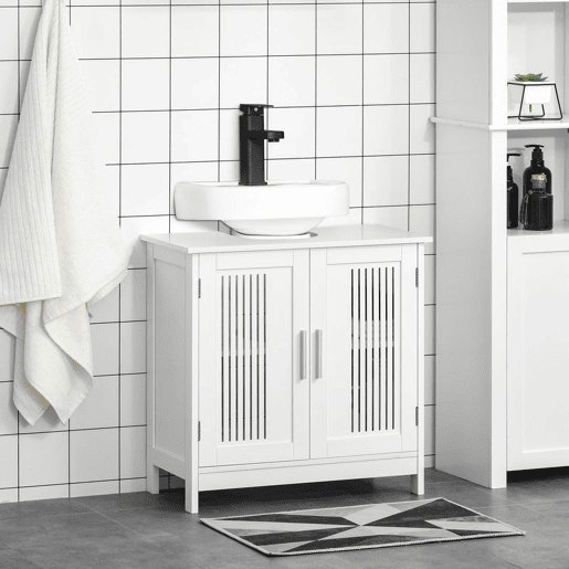 Kleankin Móvel para Lavatório Armário Casa de Banho de Chão de Madeira com 2 Portas Ventiladas e Prateleira Interior Ajustável Moderno 60x30x60 cm Branco