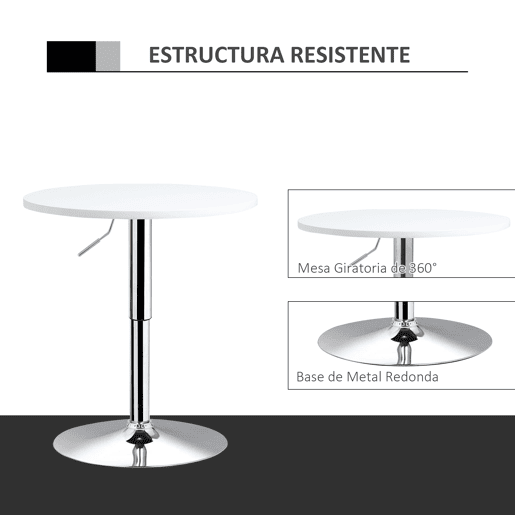 HOMCOM Mesa de bar ajustável em altura com base redonda e antideslizante para cozinha sala de jantar Ø60x69-93 cm Branco