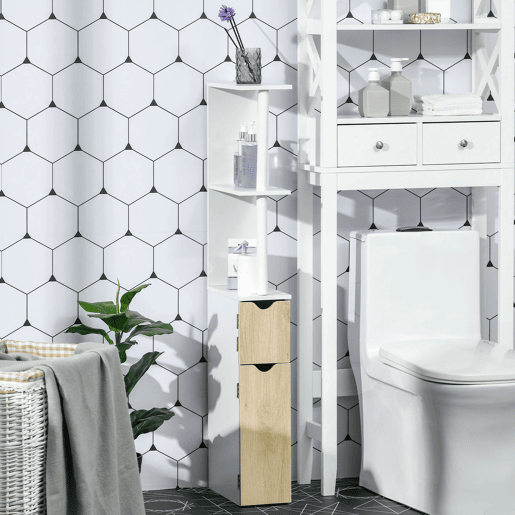 kleankin Armário Casa de Banho com 2 Portas e 2 Prateleiras Abertas Coluna Auxiliar para Casa de Banho Sala de Estar Dormitório Estilo Moderno 15,2x29,8x118cm Branco e Carvalho