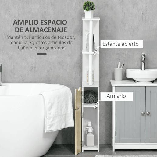 kleankin Armário Casa de Banho com 2 Portas e 2 Prateleiras Abertas Coluna Auxiliar para Casa de Banho Sala de Estar Dormitório Estilo Moderno 15,2x29,8x118cm Branco e Carvalho
