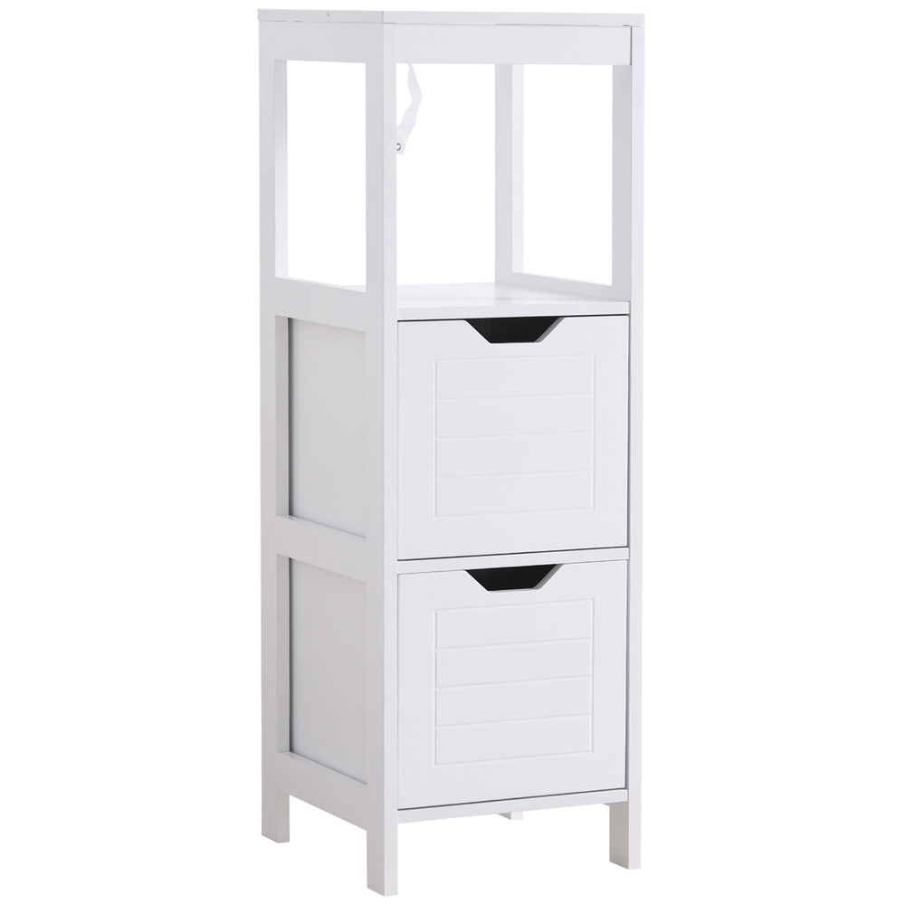 Kleankin armario de baño gabinete multifuncional con estante abierto 2 cajones de almacenaje diseño antivuelco 30x30x89 cm blanco
