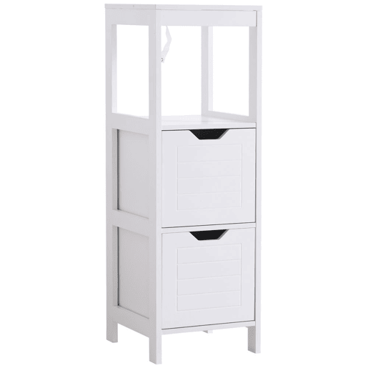 Kleankin Armário de banheiro Armário multifuncional com prateleira aberta 2 gavetas de armazenamento Design anti-dica 30x30x89 cm Branco