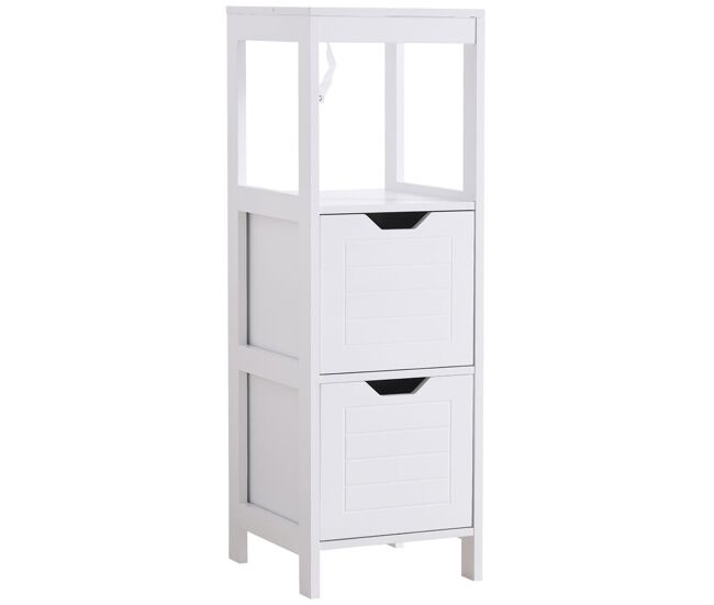 Kleankin armario de baño gabinete multifuncional con estante abierto 2 cajones de almacenaje diseño antivuelco 30x30x89 cm blanco