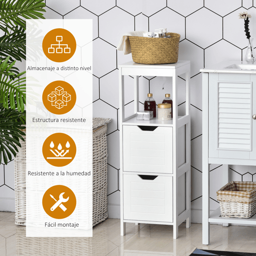 Kleankin Armário de banheiro Armário multifuncional com prateleira aberta 2 gavetas de armazenamento Design anti-dica 30x30x89 cm Branco