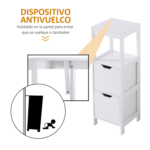 Kleankin Armário de banheiro Armário multifuncional com prateleira aberta 2 gavetas de armazenamento Design anti-dica 30x30x89 cm Branco