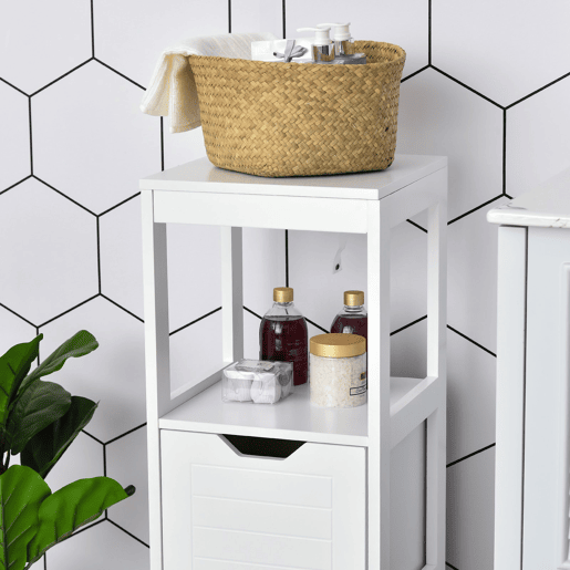 Kleankin Armário de banheiro Armário multifuncional com prateleira aberta 2 gavetas de armazenamento Design anti-dica 30x30x89 cm Branco