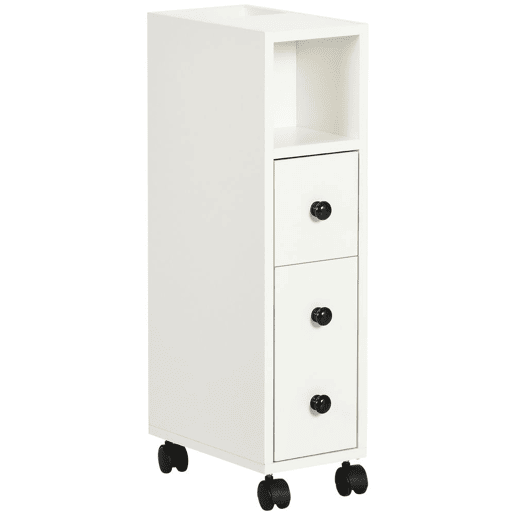Kleankin Armário de Casa de Banho Móvel Auxiliar para Espaço Reduzido com Rodas Prateleiras Abertas Armário e Gaveta 18x30x68,5cm Branco