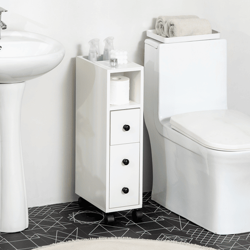 Kleankin Armário de Casa de Banho Móvel Auxiliar para Espaço Reduzido com Rodas Prateleiras Abertas Armário e Gaveta 18x30x68,5cm Branco