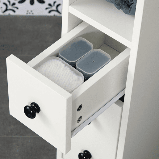 Kleankin Armário de Casa de Banho Móvel Auxiliar para Espaço Reduzido com Rodas Prateleiras Abertas Armário e Gaveta 18x30x68,5cm Branco