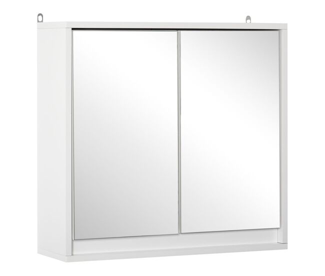 Homcom armario de baño con espejo con 2 puertas y estante ajustable mueble colgante de baño para aseo estilo moderno 48x14,5x45 cm blanco