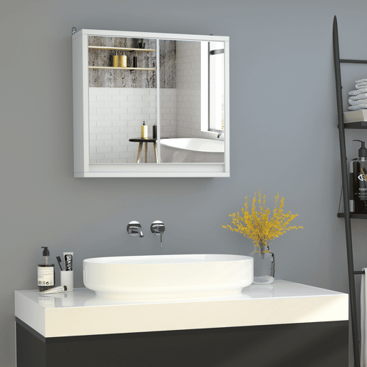 HOMCOM Armário de Casa de Banho com Espelho Móvel Suspenso de Casa de Banho com Prateleira Interior Ajustável em 3 Níveis e 2 Portas 48x14,5x45 cm Branco