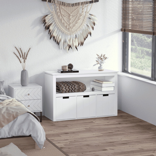 HOMCOM Aparador de Sala de Estar Armário Auxiliar de Armazenamento Moderno com Prateleira Aberta e 3 Gavetas para Dormitório Sala de Estar 102x33x61,5cm Branco