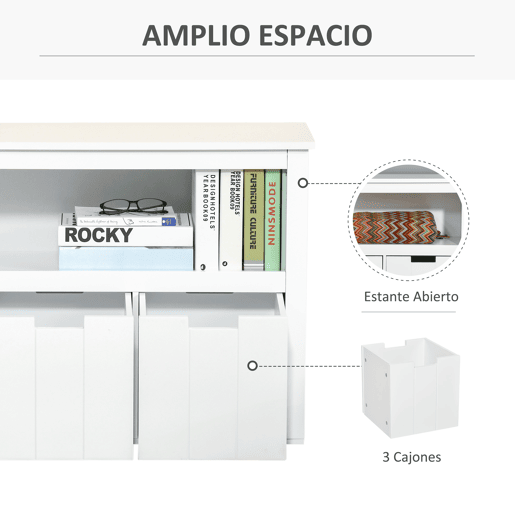 HOMCOM Aparador de Sala de Estar Armário Auxiliar de Armazenamento Moderno com Prateleira Aberta e 3 Gavetas para Dormitório Sala de Estar 102x33x61,5cm Branco