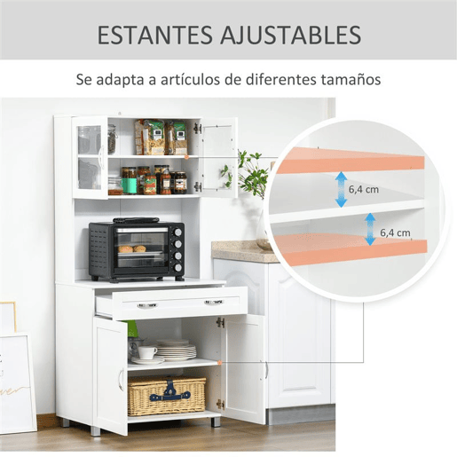 HOMCOM Aparador auxiliar de cozinha Armário com prateleiras internas ajustáveis u200Bu200Be gaveta 80x48x170 cm Branco