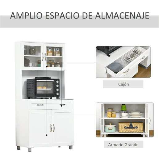 HOMCOM Aparador auxiliar de cozinha Armário com prateleiras internas ajustáveis u200Bu200Be gaveta 80x48x170 cm Branco