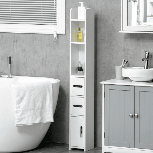 kleankin Coluna Casa de Banho com 3 Portas e 3 Prateleiras Abertas Coluna Auxiliar para Sala de Estar Casa de Banho Dormitório Estilo Moderno 15x17x120cm Branco