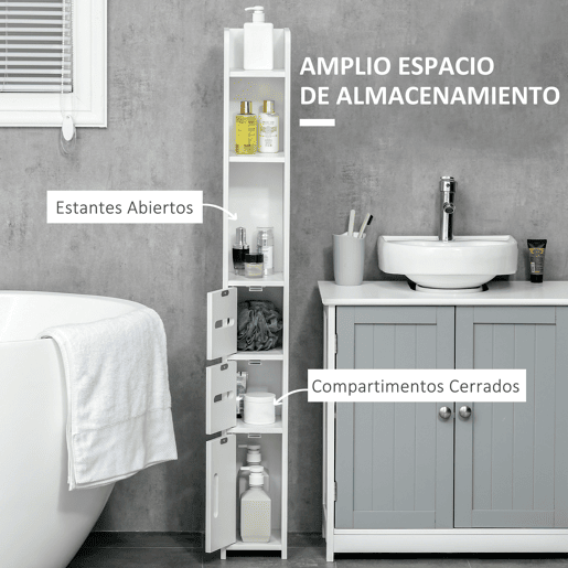 kleankin Coluna Casa de Banho com 3 Portas e 3 Prateleiras Abertas Coluna Auxiliar para Sala de Estar Casa de Banho Dormitório Estilo Moderno 15x17x120cm Branco
