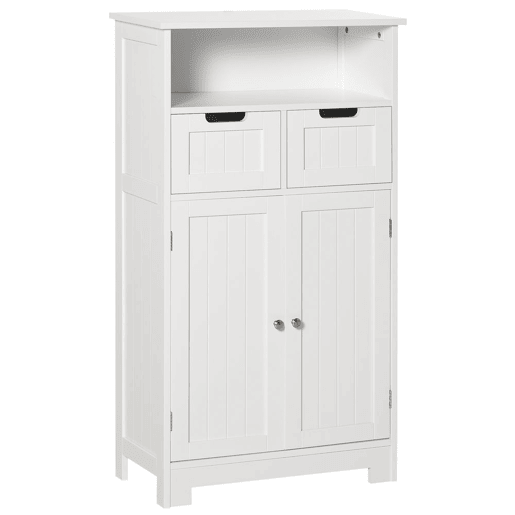 Kleanklin Armário de Casa de Banho com 2 Portas Prateleira Ajustável 2 Gavetas e Compartimento Aberto Móvel Auxiliar de Armazenamento para Sala de Estar Cozinha 60x30x108,8cm Branco