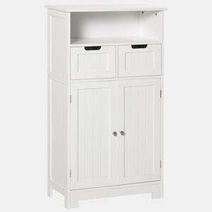 Kleanklin Armário de Casa de Banho com 2 Portas Prateleira Ajustável 2 Gavetas e Compartimento Aberto Móvel Auxiliar de Armazenamento para Sala de Estar Cozinha 60x30x108,8cm Branco