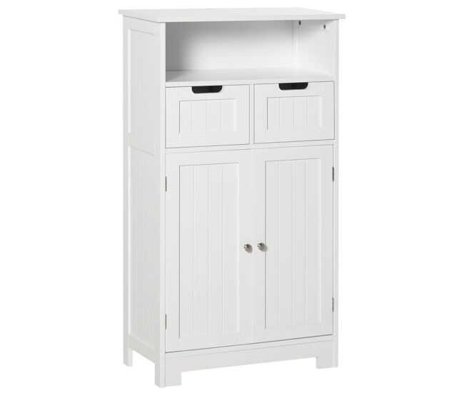 Kleankin armario de baño con 2 puertas estante ajustable 2 cajones y compartimento abierto mueble auxiliar de almacenaje para salón cocina 60x30x108,8 cm blanco