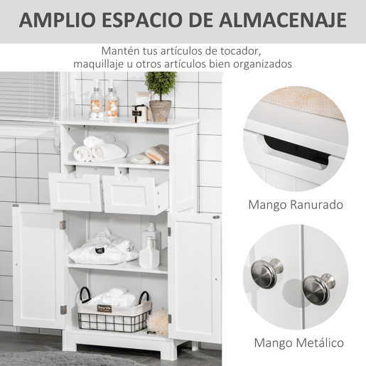 Kleanklin Armário de Casa de Banho com 2 Portas Prateleira Ajustável 2 Gavetas e Compartimento Aberto Móvel Auxiliar de Armazenamento para Sala de Estar Cozinha 60x30x108,8cm Branco