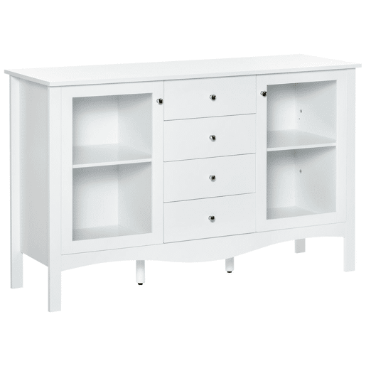 HOMCOM Aparador de Cozinha Armário Buffet com 2 Armários Porta de Vidro Prateleira Interior Ajustável e 4 Gavetas para Sala de Jantar Sala de Estar 136x45x85cm Branco