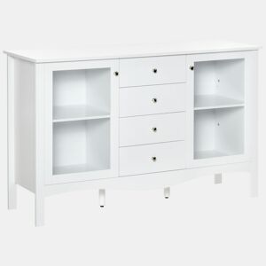 HOMCOM Aparador de Cozinha Armário Buffet com 2 Armários Porta de Vidro Prateleira Interior Ajustável e 4 Gavetas para Sala de Jantar Sala de Estar 136x45x85cm Branco