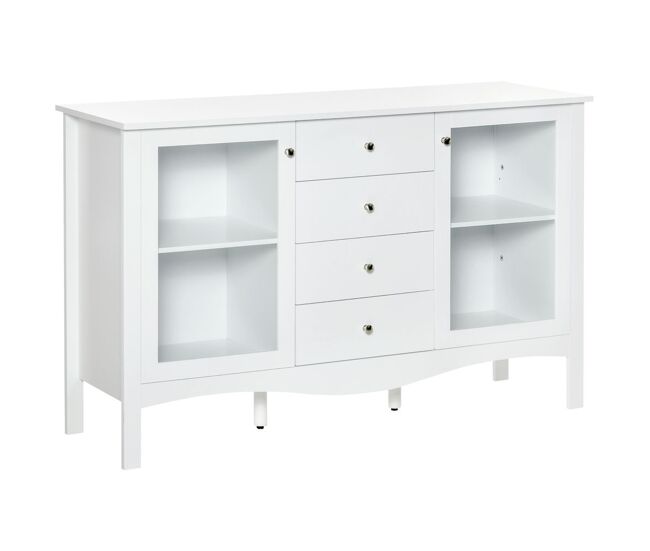 Homcom aparador de cocina armario buffet con 2 puertas de vidrio estante ajustable interior y 4 cajones mueble auxiliar para comedor salón 136x45x85 cm blanco