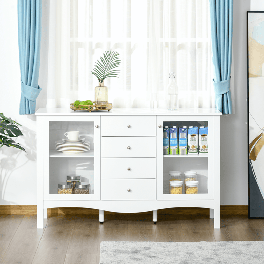 HOMCOM Aparador de Cozinha Armário Buffet com 2 Armários Porta de Vidro Prateleira Interior Ajustável e 4 Gavetas para Sala de Jantar Sala de Estar 136x45x85cm Branco