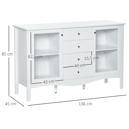 HOMCOM Aparador de Cozinha Armário Buffet com 2 Armários Porta de Vidro Prateleira Interior Ajustável e 4 Gavetas para Sala de Jantar Sala de Estar 136x45x85cm Branco