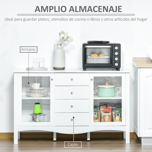 HOMCOM Aparador de Cozinha Armário Buffet com 2 Armários Porta de Vidro Prateleira Interior Ajustável e 4 Gavetas para Sala de Jantar Sala de Estar 136x45x85cm Branco