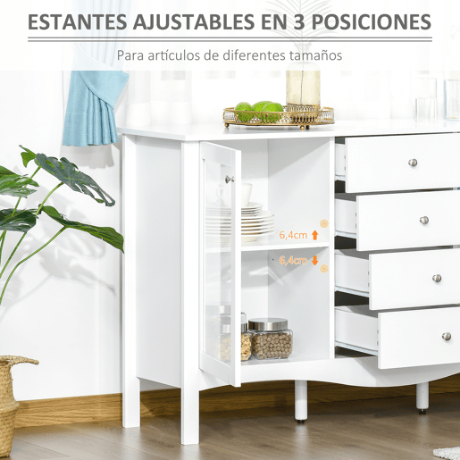 HOMCOM Aparador de Cozinha Armário Buffet com 2 Armários Porta de Vidro Prateleira Interior Ajustável e 4 Gavetas para Sala de Jantar Sala de Estar 136x45x85cm Branco