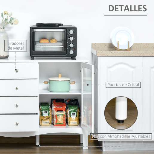 HOMCOM Aparador de Cozinha Armário Buffet com 2 Armários Porta de Vidro Prateleira Interior Ajustável e 4 Gavetas para Sala de Jantar Sala de Estar 136x45x85cm Branco