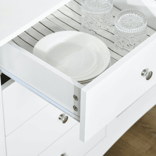 HOMCOM Aparador de Cozinha Armário Buffet com 2 Armários Porta de Vidro Prateleira Interior Ajustável e 4 Gavetas para Sala de Jantar Sala de Estar 136x45x85cm Branco