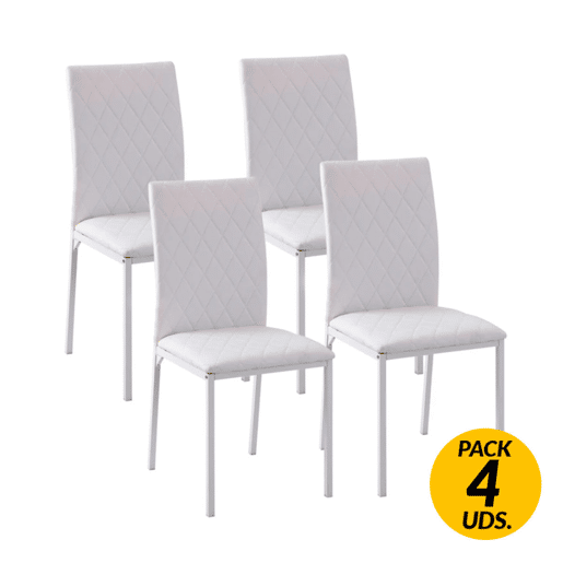HOMCOM Conjunto de 4 Cadeiras de Sala de Jantar, Cadeiras Modernas para Cozinha, Encosto Alto com Costuras Decorativas em Forma de Diamante, Estofadas em Pele Sintética, Pernas de Aço, Suportam até 120 kg, Branco