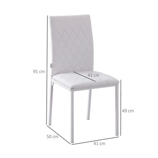 HOMCOM Conjunto de 4 Cadeiras de Sala de Jantar, Cadeiras Modernas para Cozinha, Encosto Alto com Costuras Decorativas em Forma de Diamante, Estofadas em Pele Sintética, Pernas de Aço, Suportam até 120 kg, Branco