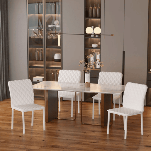 HOMCOM Conjunto de 4 Cadeiras de Sala de Jantar, Cadeiras Modernas para Cozinha, Encosto Alto com Costuras Decorativas em Forma de Diamante, Estofadas em Pele Sintética, Pernas de Aço, Suportam até 120 kg, Branco