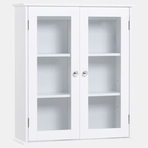 Kleanklin Armário Casa de Banho de Parede com 2 Portas de Cristal Armário Suspenso com Prateleiras Ajustáveis em Altura Multiuso para Cozinhas Sala de Estar 55x20x65cm Branco