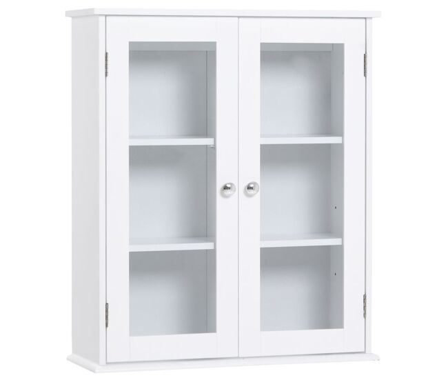 Kleankin armario de pared baño de 2 puertas de cristal armario colgante multiusos para cocina salón con estantes interiores y balda ajustable 55x20x65 cm blanco